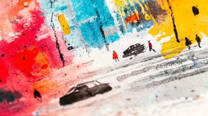 Fototapeta premium Watercolor Cityscape with People and Cars