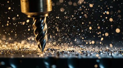 Close-up of industrial drill bit cutting metal with flying debris