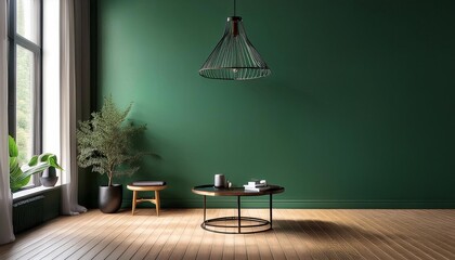 Empty Forest Green Wall Mockup in Rustic Interior with Iron Chandelier and a Coffee Table. Natural Daylight From a Window. Promotion Background.