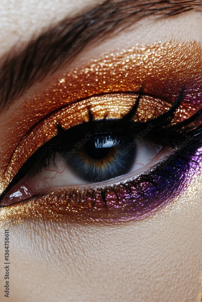 Poster golden glimmer: a close-up image spotlights an eye adorned with shimmering gold eyeshadow, creating 