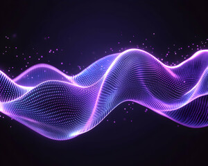 Fototapeta premium Abstract wavy design with glowing purple dots on dark backdrop with faint speckles