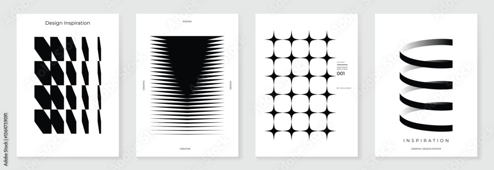 Poster Abstract monochrome gradient poster background vector set. Modern cover template with black and white perspective geometric prism shape, halftone dot. Ideal design for social media, banner, ads.