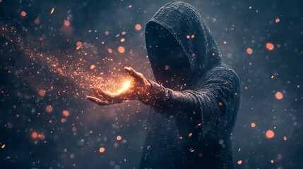 Mysterious hooded figure with radiant light particles in hand against a dark futuristic backdrop

