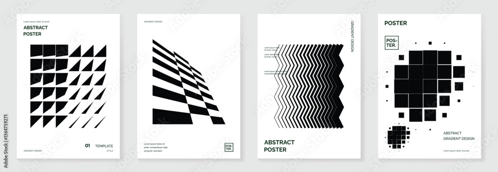 Aufkleber Abstract monochrome gradient poster background vector set. Modern cover template with black and white perspective geometric prism shape, halftone dot. Ideal design for social media, banner, ads.