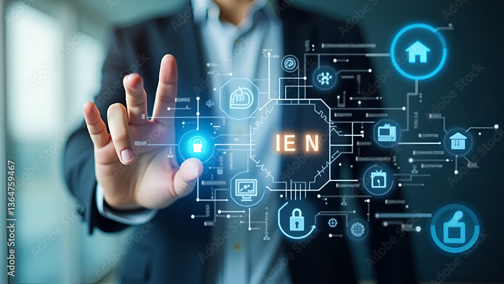 Poster individual with smart home security system and tech overlay symbolizing integrated security manageme