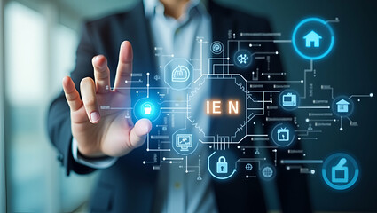 Individual with smart home security system and tech overlay symbolizing integrated security management in double exposure with copy space. concept as An individual blended with a smart home security s