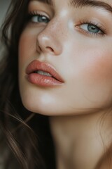 Fototapeta premium Ethereal Beauty: A portrait of captivating beauty, showcasing soft skin and captivating eyes, reflecting inner peace.