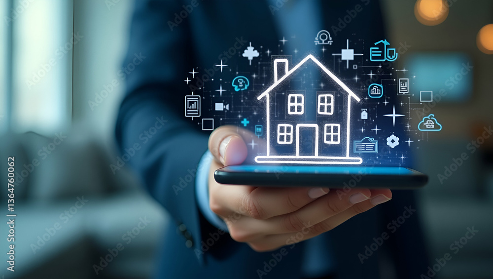 Poster 3d flat icon of a person with smart home device: double exposure symbolizing integrated smart living