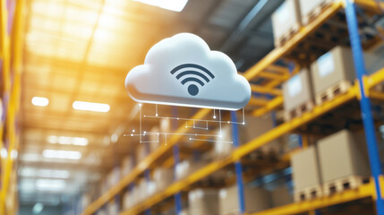Cloud based warehouse system with Wi Fi symbol in modern facility