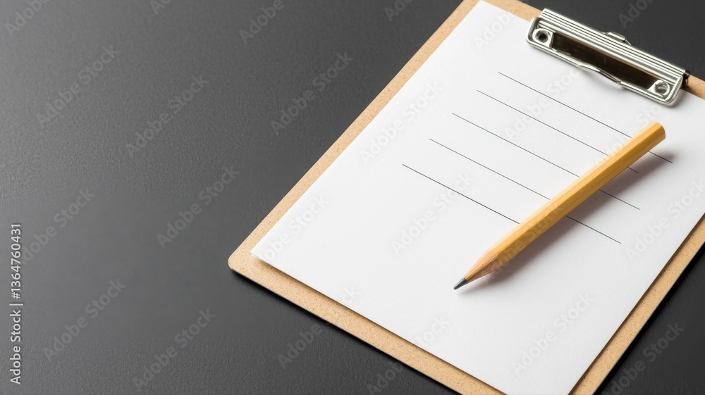 Poster top view of a clipboard with lined paper and a pencil on a dark surface, ready for note-taking or wr