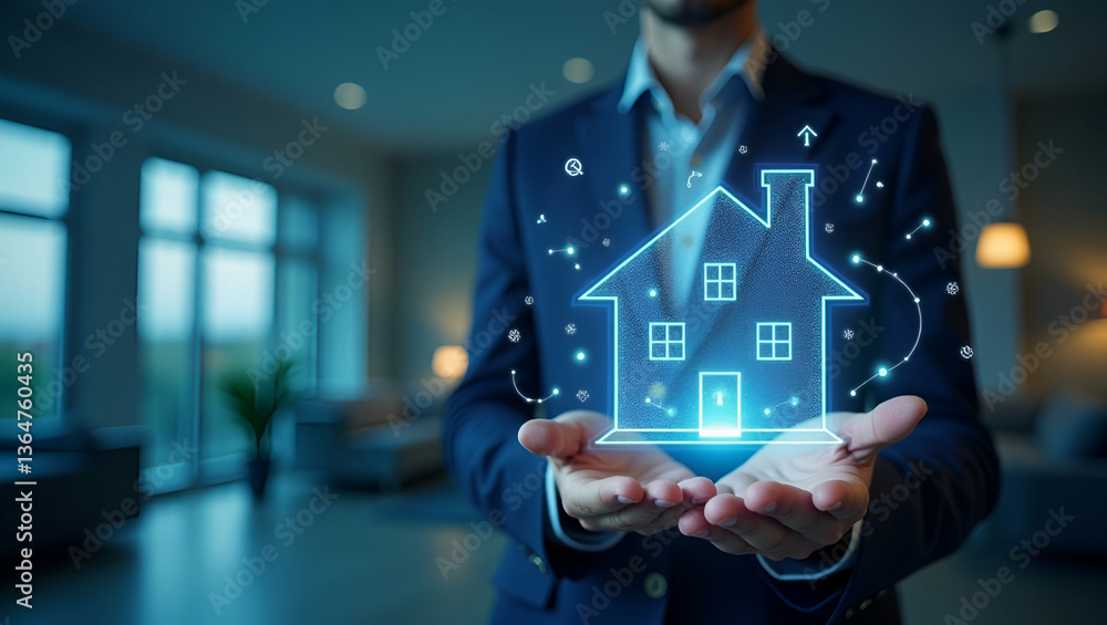 Poster smart home automation: person intertwined with tech symbols in double exposure