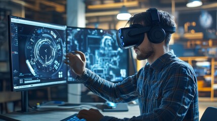 A developer designing a virtual reality game environment, immersive game studio filled with VR equipment and 3D modeling software, High-tech style