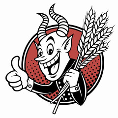 Cheerful Devil Cartoon Mascot with Wheat, Thumbs Up, Retro Style