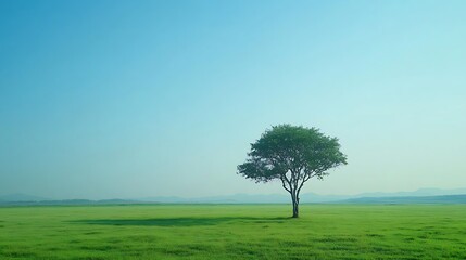 Solitary tree in a vast green field under a clear blue sky, symbolizing serenity and nature


