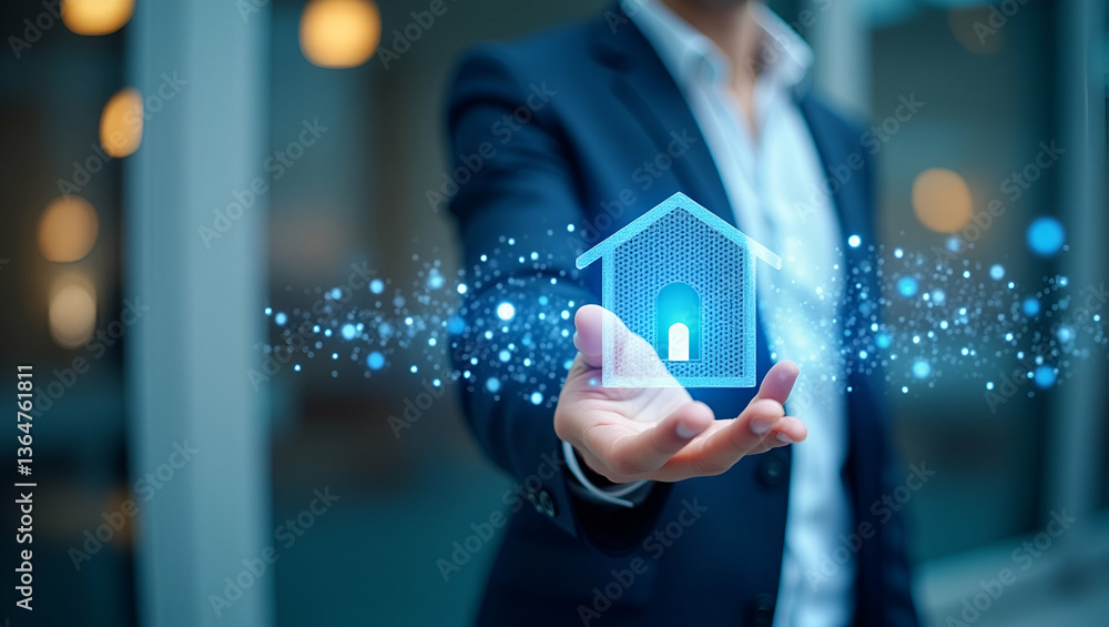 Poster 3d flat icon of person with smart security system and tech overlay for home security management