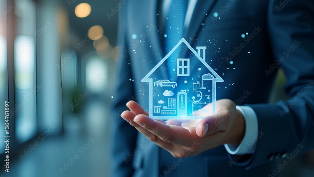 Poster person with smart water management system and tech overlay symbolizing water efficient home manageme