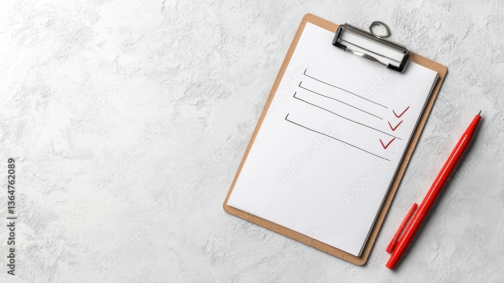 Poster top view of checklist on clipboard with red pen on gray background, symbolizing organization and pla