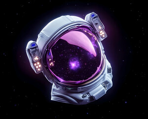 Astronaut helmet reflecting space Purple nebula, galaxy, stars, and cosmos mirrored on face shield