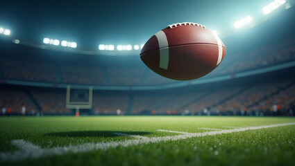 Dynamic Sports Action: Capturing the Intense Moment of a Football Spiraling Through the Air Just Before Catch - Perfect for Photo Stock with Left Space
