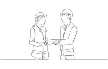 Continuous one line drawing of female engineer shaking hands with project manager, engineering business concept, single line art