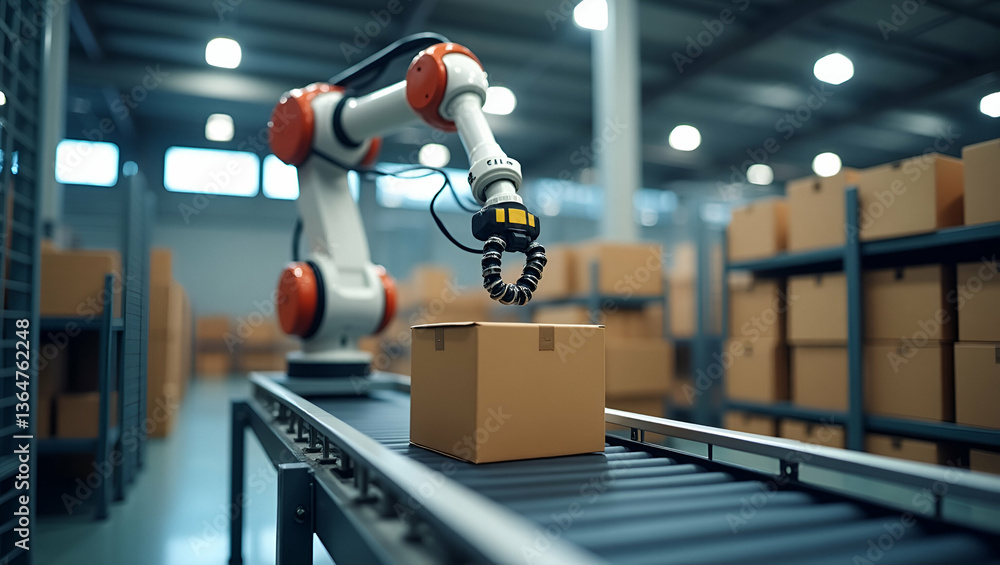 Poster automated robotic arm placing a cardboard box on a conveyor belt in a modern warehouse setting conce