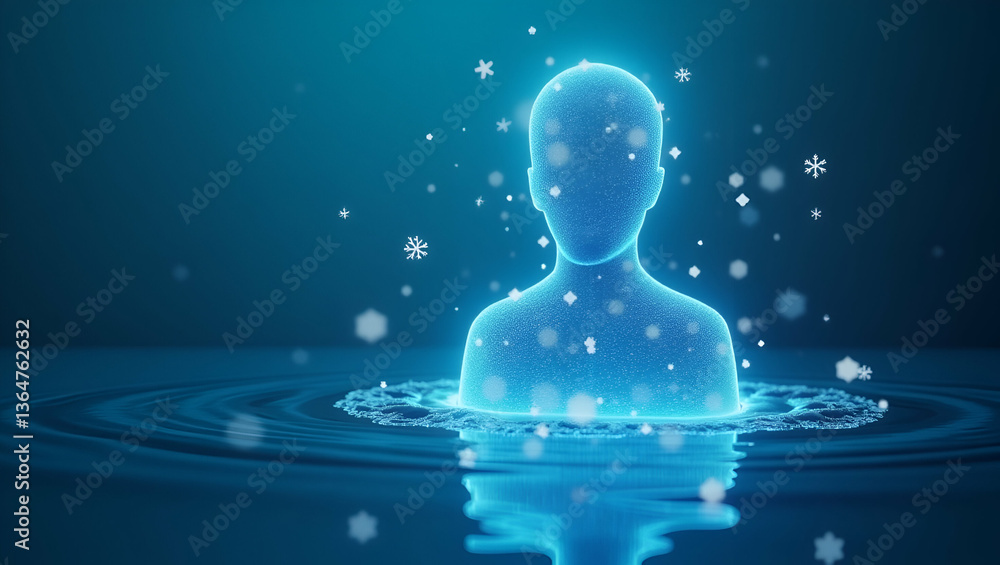 Poster 3d flat icon of a person integrated with smart water management system and tech symbols for water ef