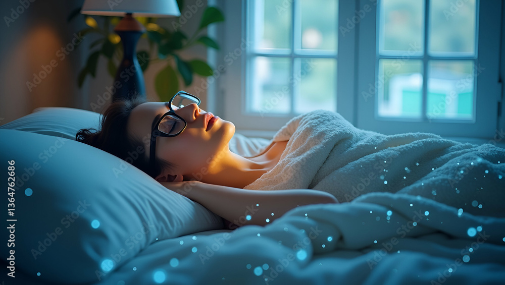 Poster innovative sleep solutions: a double exposure of a person with a smart bed and tech symbols, showcas