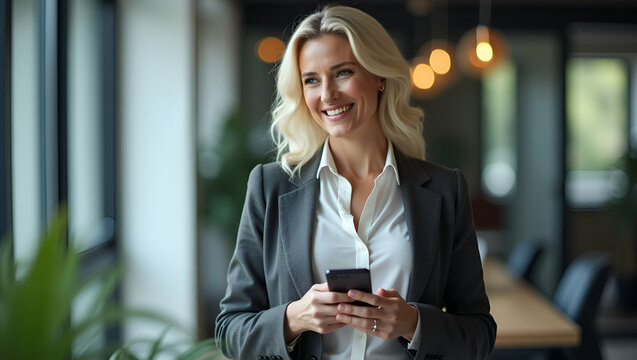 Mature Businesswoman Using Mobile Banking Apps in Office: Showcasing Financial Technology Proficiency