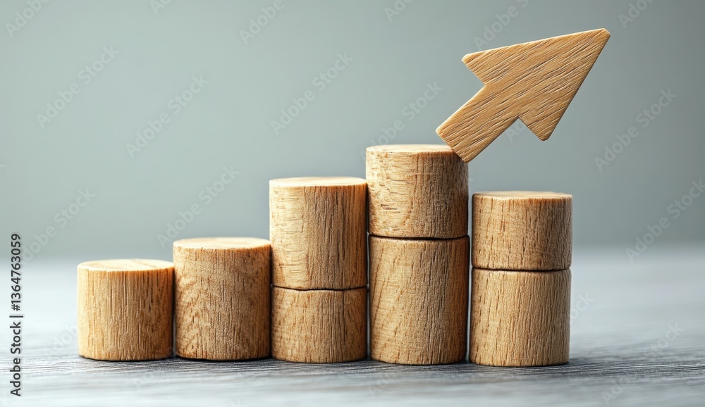 Poster cork cylinders ascending like a bar graph with a cork arrow on top in a studio setup