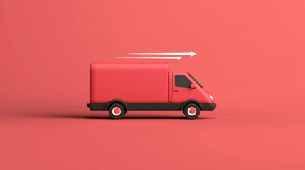 Red delivery van with motion blur on solid background, conveying speed and efficiency