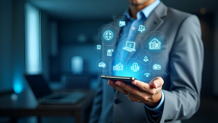 Individual Blended with Smart Appliances and Digital Interface: A Double Exposure Concept for Connected Home Management with Copy Space in Photo Stock