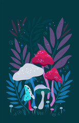 Lovely hand drawn mushroom design, colorful, magical background, great for textiles, wallpapers - vector design