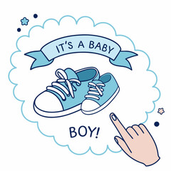 Fototapeta premium Adorable Baby Boy Announcement with Blue Sneakers and Hand Gesture