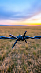 Barbed wire with prongs, stretches across the frame, with sunset sky and field background