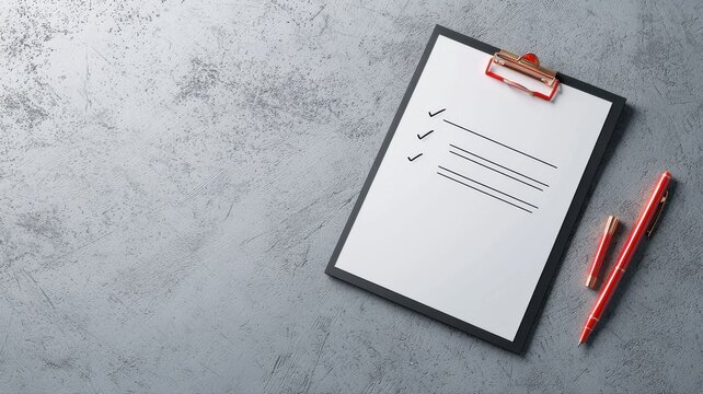 Top view of clipboard with checklist and red pen on concrete desk, suitable for business tasks.