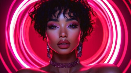 Fototapeta premium Beauty blogger filming makeup tutorial ring light pastel studio trendy aesthetic