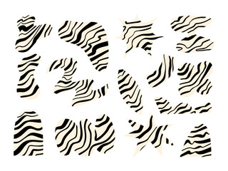 Zebra Stripe Abstract Cutout Shape. A collection of 14 bold abstract shapes with black zebra stripe patterns on cream backgrounds. Includes organic blobs, geometric cuts, and playful motifs