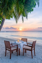 Fototapeta premium Beach dinner setting, chairs around a table, ocean and sunset view