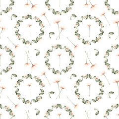 Watercolor Delicate Flowers and Leaves Seamless Pattern, Soft Floral Design for Textile and Wallpaper