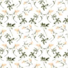 Watercolor Delicate Flowers and Leaves Seamless Pattern, Soft Floral Design for Textile and Wallpaper