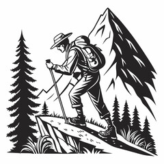 Vintage Black and White Illustration of a Hiker Trekking in the Mountains
