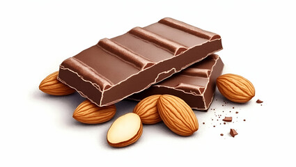 Watercolor Illustration of Pile of Dark Chocolate Bark with Roasted Almonds on White Background - Hand Drawn Clipart for Photo Stock with Empty Space for Customization