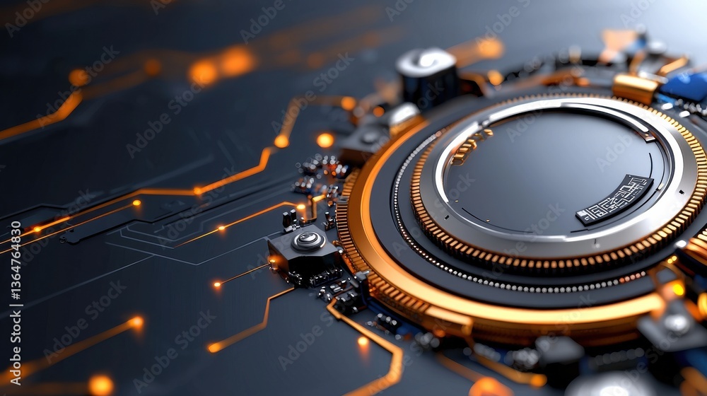 Aufkleber intricate circuit board with metallic components microchips and semiconductors glowing in a futurist