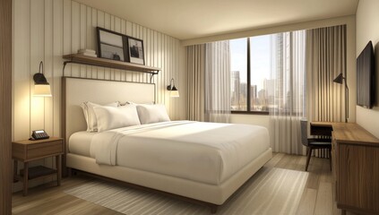 Comfortable hotel bedroom interior featuring a large bed and window