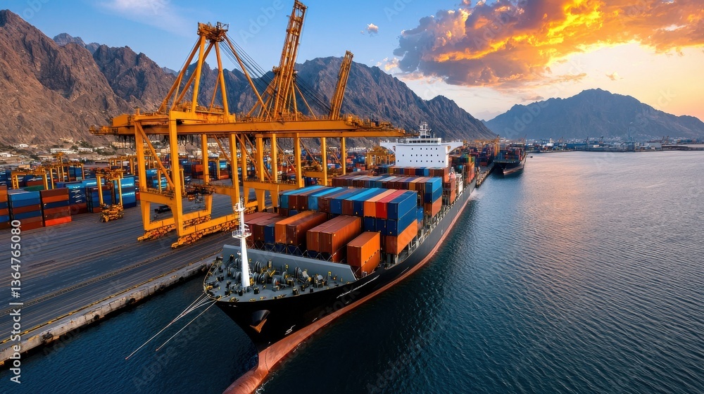 Poster cargo containers being loaded and unloaded from container ships using large gantry cranes at a busy 
