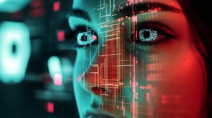 A digital forensics investigator decoding deepfake evidence, high-tech crime lab with AI-driven facial analysis software and deep learning pattern recognition, Cyberpunk style