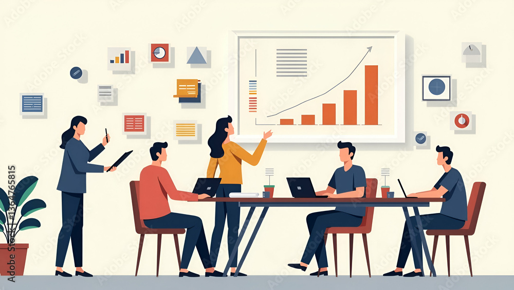 Poster flat vector illustration of business process: team brainstorming creative management solutions with 