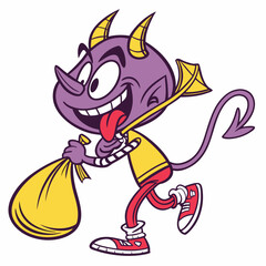 Mischievous Cartoon Devil Running with a Sack of Loot