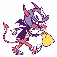Mischievous Cartoon Devil Running with Loot Bag, Retro Style Illustration