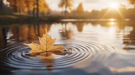 Golden leaf rests on tranquil water, autumnal scene